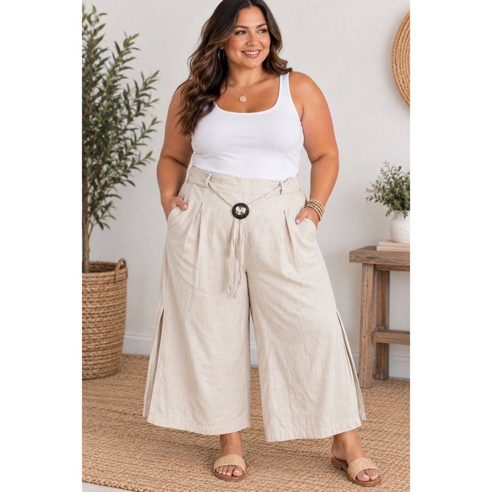 Like An Angel Beige Wide Leg Belted Cotton Pants 2X Split Leg Lagenlook Coastal